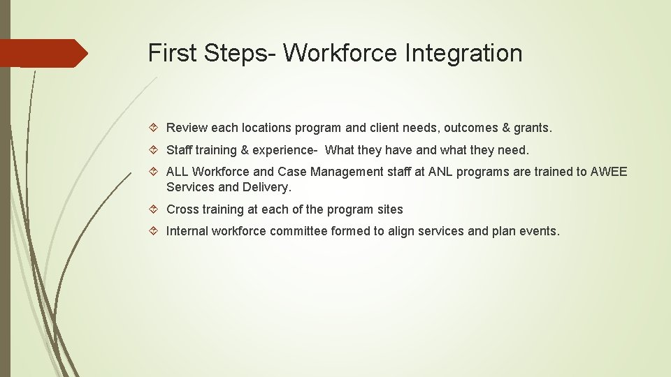 First Steps- Workforce Integration Review each locations program and client needs, outcomes & grants.