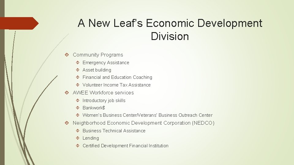 A New Leaf’s Economic Development Division Community Programs Emergency Assistance Asset building Financial and