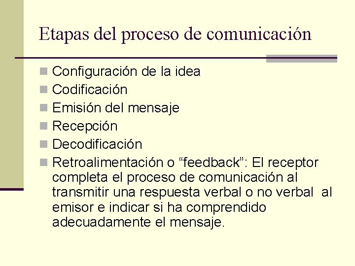 Etapas del proceso de comunicación n n n Configuración de la idea Codificación Emisión