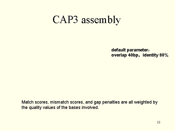 CAP 3 assembly default parameter： overlap 40 bp，identity 80% Match scores, mismatch scores, and