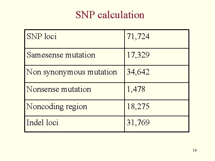 SNP calculation SNP loci 71, 724 Samesense mutation 17, 329 Non synonymous mutation 34,