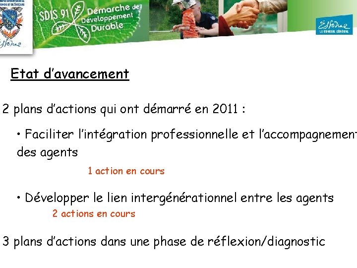 Etat d’avancement 2 plans d’actions qui ont démarré en 2011 : • Faciliter l’intégration