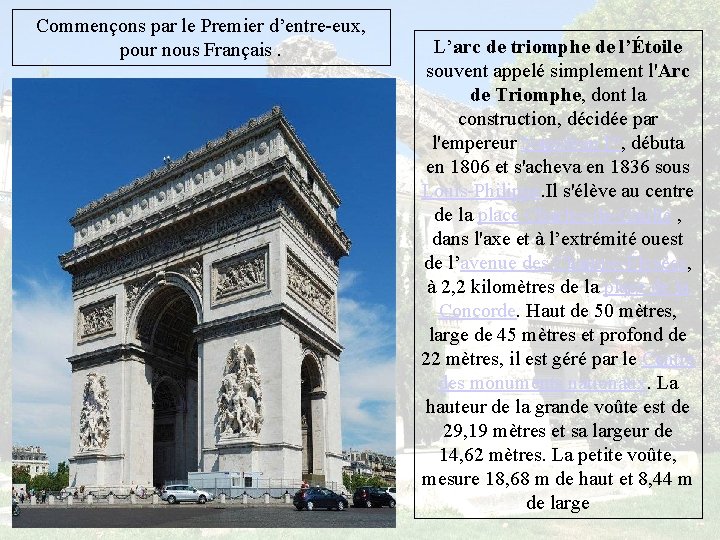 Commençons par le Premier d’entre-eux, pour nous Français. L’arc de triomphe de l’Étoile souvent