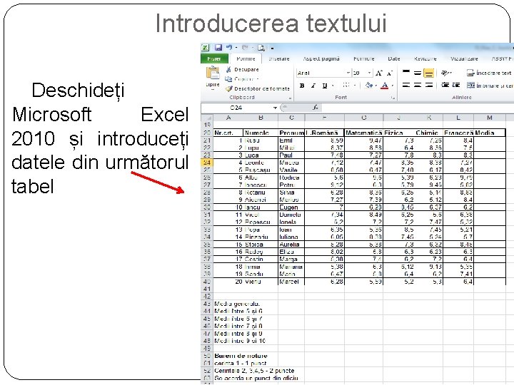 Introducerea textului Deschideți Microsoft Excel 2010 și introduceți datele din următorul tabel 