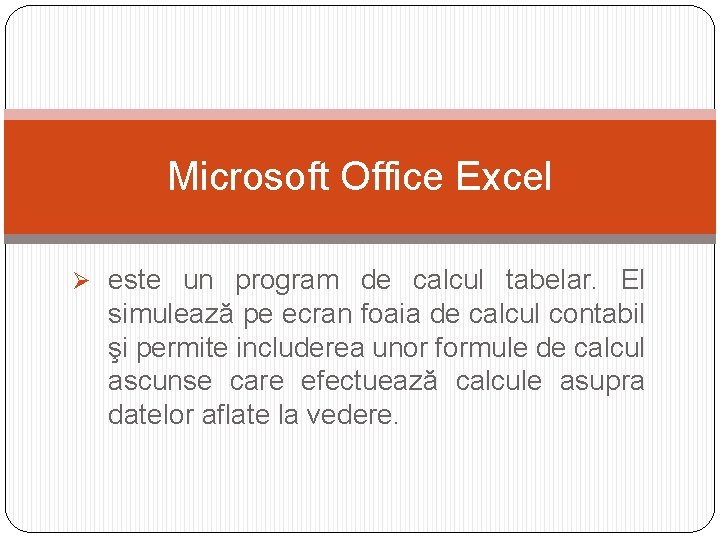 Microsoft Office Excel Ø este un program de calcul tabelar. El simulează pe ecran