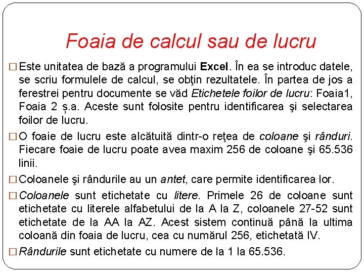 Foaia de calcul sau de lucru � Este unitatea de bază a programului Excel.