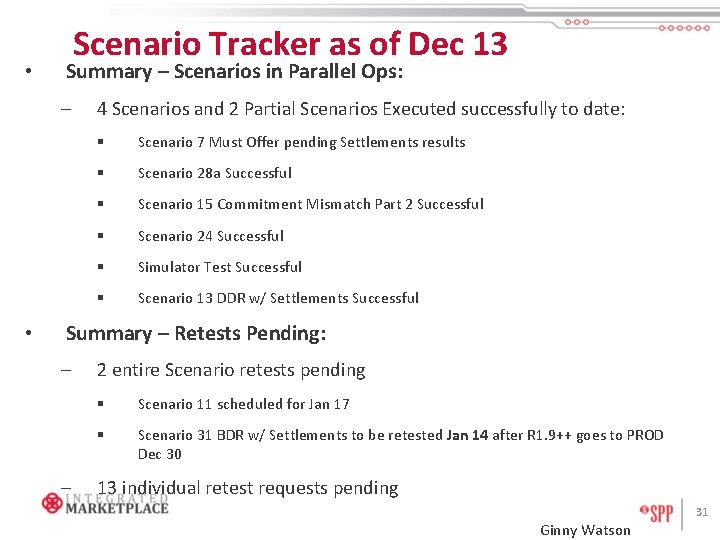  • Scenario Tracker as of Dec 13 Summary – Scenarios in Parallel Ops: