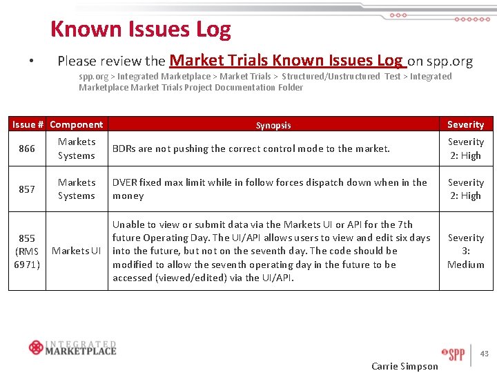 Known Issues Log • Please review the Market Trials Known Issues Log on spp.