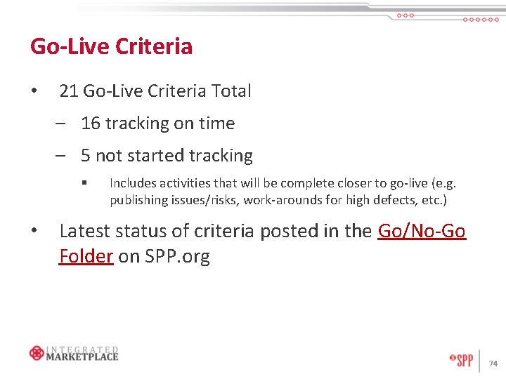 Go-Live Criteria • 21 Go-Live Criteria Total – 16 tracking on time – 5