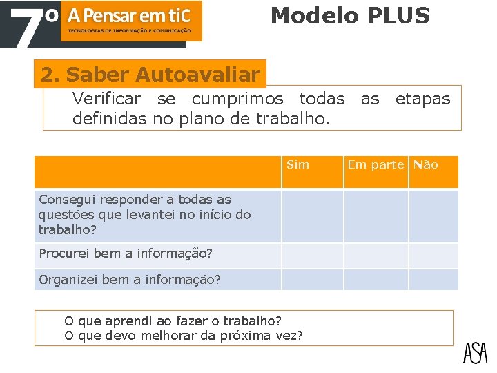 Modelo PLUS 2. Saber Autoavaliar Verificar se cumprimos todas as etapas definidas no plano