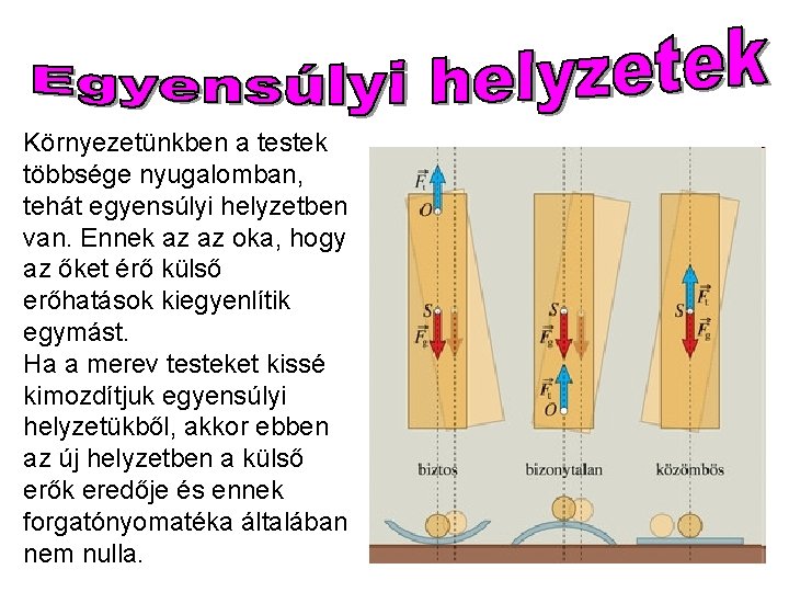 Környezetünkben a testek többsége nyugalomban, tehát egyensúlyi helyzetben van. Ennek az az oka, hogy