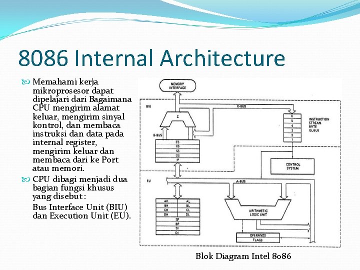 8086 Internal Architecture Memahami kerja mikroprosesor dapat dipelajari dari Bagaimana CPU mengirim alamat keluar,