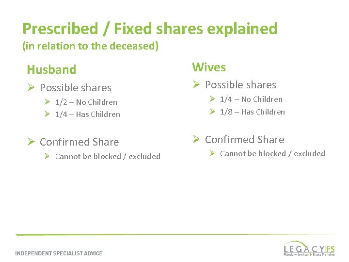 Prescribed / Fixed shares explained (in relation to the deceased) Husband Ø Possible shares