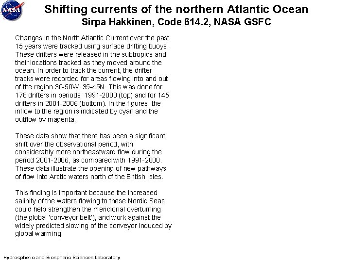 Shifting currents of the northern Atlantic Ocean Sirpa Hakkinen, Code 614. 2, NASA GSFC