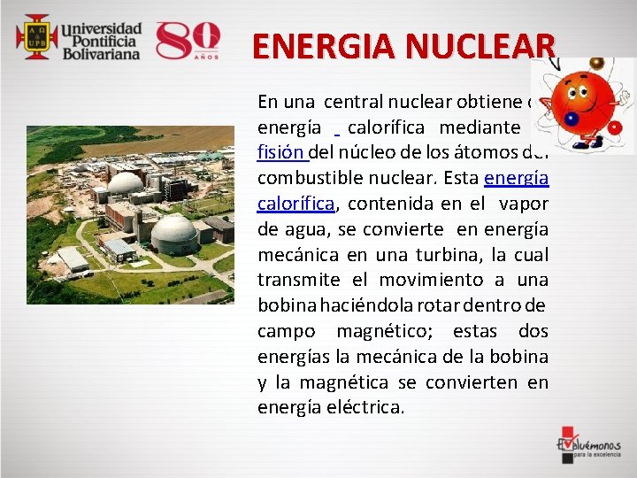  ENERGIA NUCLEAR En una central nuclear obtiene de energía calorífica mediante la fisión