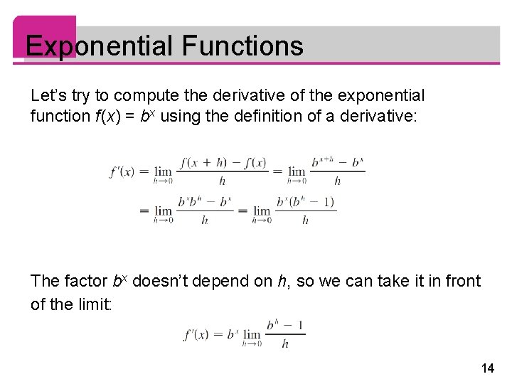 Exponential Functions Let’s try to compute the derivative of the exponential function f (x)