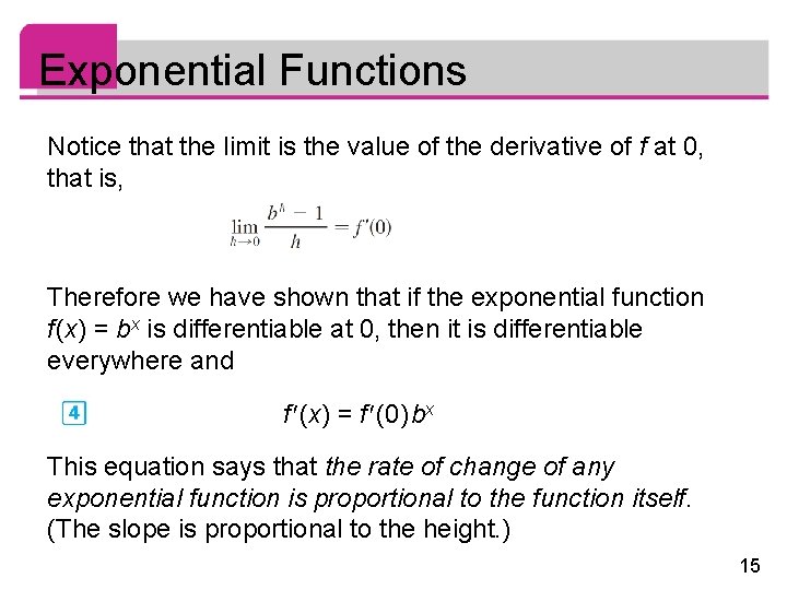 Exponential Functions Notice that the limit is the value of the derivative of f