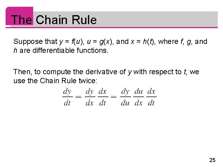 The Chain Rule Suppose that y = f(u), u = g(x), and x =