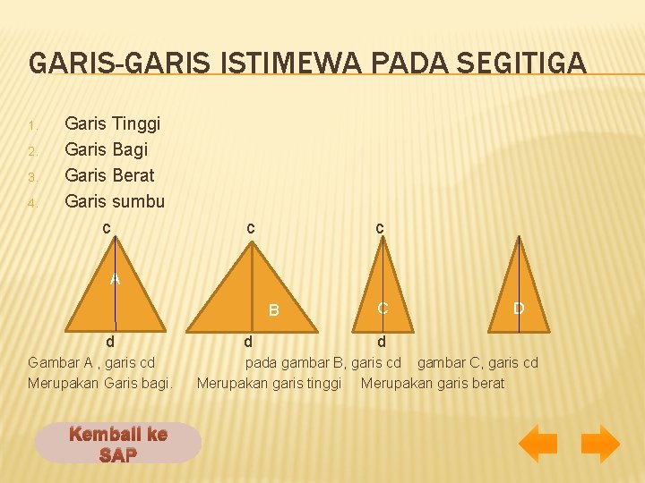 GARIS-GARIS ISTIMEWA PADA SEGITIGA 1. 2. 3. 4. Garis Tinggi Garis Bagi Garis Berat