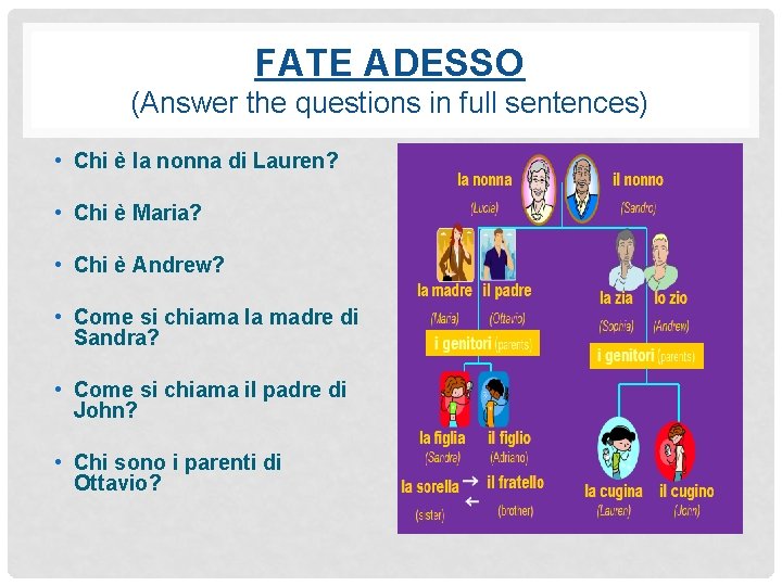 FATE ADESSO (Answer the questions in full sentences) • Chi è la nonna di