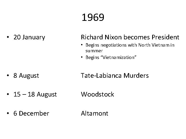 1969 • 20 January Richard Nixon becomes President • Begins negotiations with North Vietnam 1969 • 20 January Richard Nixon becomes President • Begins negotiations with North Vietnam