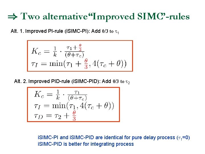 ) Two alternative“Improved SIMC”-rules Alt. 1. Improved PI-rule (i. SIMC-PI): Add θ/3 to 1