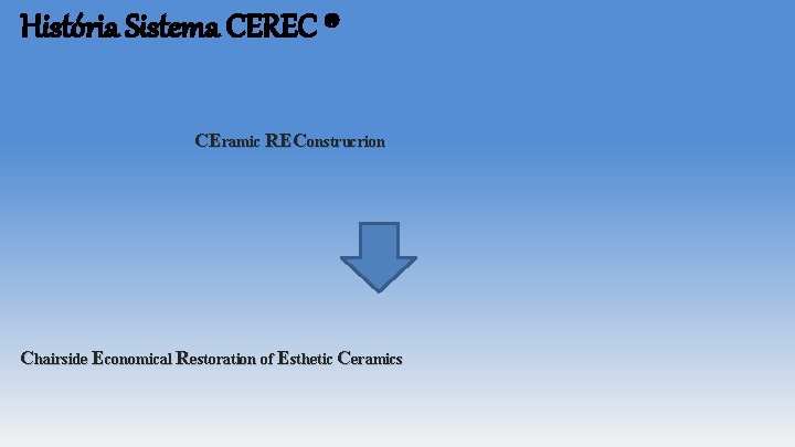 História Sistema CEREC ® CEramic REConstrucrion Chairside Economical Restoration of Esthetic Ceramics História Sistema CEREC ® CEramic REConstrucrion Chairside Economical Restoration of Esthetic Ceramics