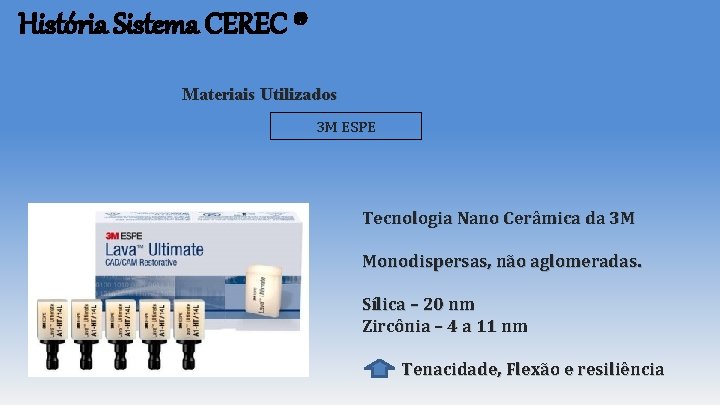 História Sistema CEREC ® Materiais Utilizados 3 M ESPE Tecnologia Nano Cerâmica da 3 História Sistema CEREC ® Materiais Utilizados 3 M ESPE Tecnologia Nano Cerâmica da 3
