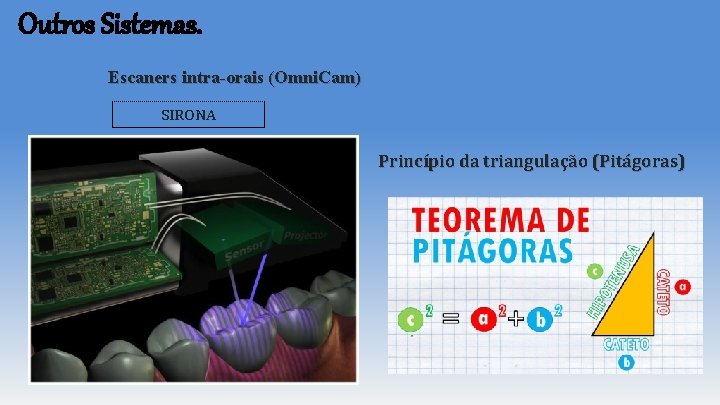 Outros Sistemas. Escaners intra-orais (Omni. Cam) SIRONA Princípio da triangulação (Pitágoras) Outros Sistemas. Escaners intra-orais (Omni. Cam) SIRONA Princípio da triangulação (Pitágoras)