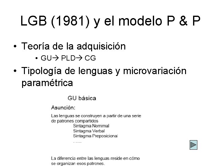 LGB (1981) y el modelo P & P • Teoría de la adquisición •