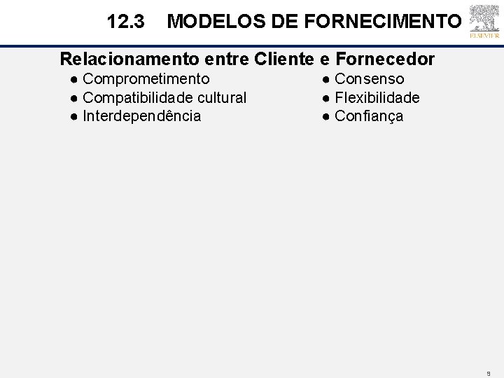 12. 3 MODELOS DE FORNECIMENTO Relacionamento entre Cliente e Fornecedor ● Comprometimento ● Compatibilidade