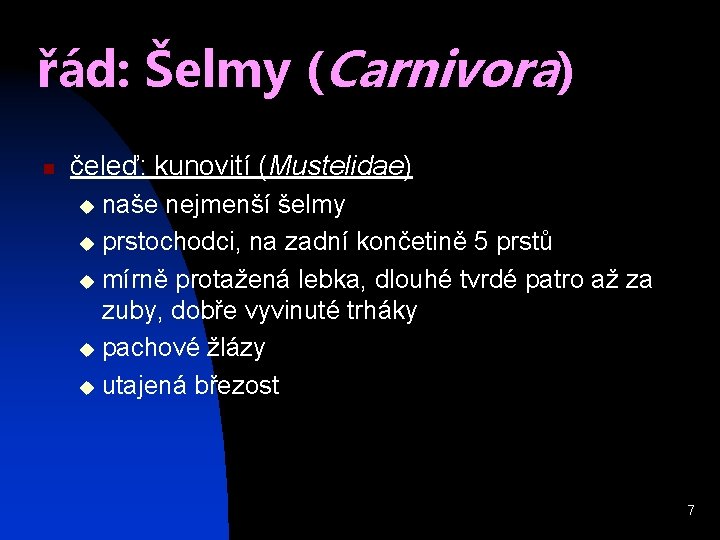 řád: Šelmy (Carnivora) n čeleď: kunovití (Mustelidae) naše nejmenší šelmy u prstochodci, na zadní