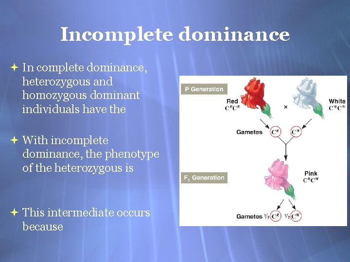 Incomplete dominance In complete dominance, heterozygous and homozygous dominant individuals have the With incomplete