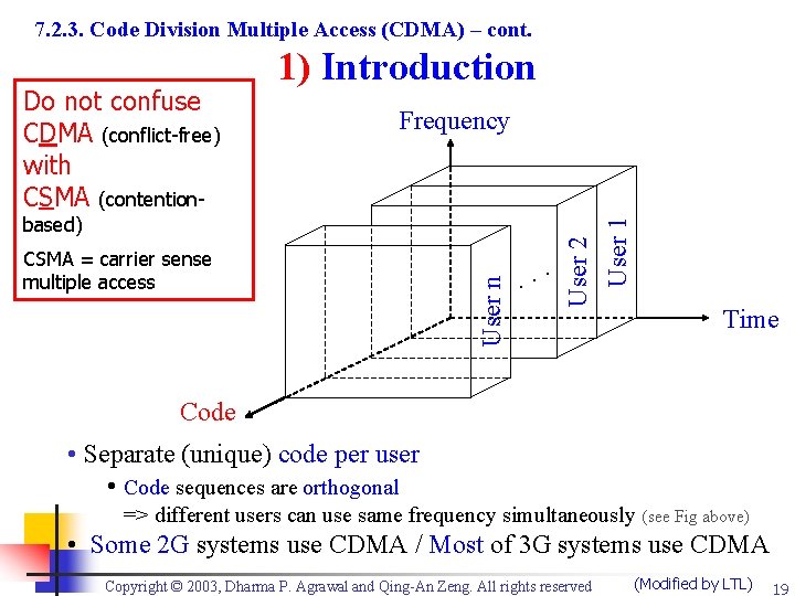 7. 2. 3. Code Division Multiple Access (CDMA) – cont. Frequency CSMA = carrier