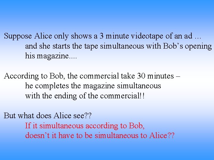 Suppose Alice only shows a 3 minute videotape of an ad … and she