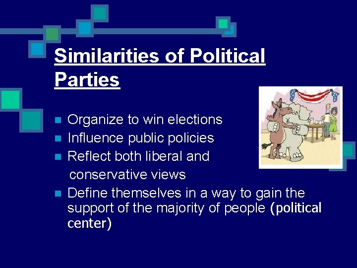 Similarities of Political Parties n n Organize to win elections Influence public policies Reflect