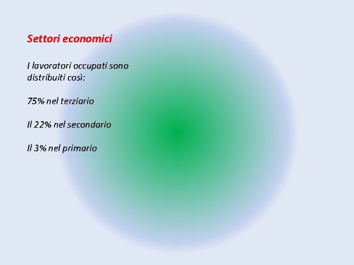 Settori economici I lavoratori occupati sono distribuiti così: 75% nel terziario Il 22% nel