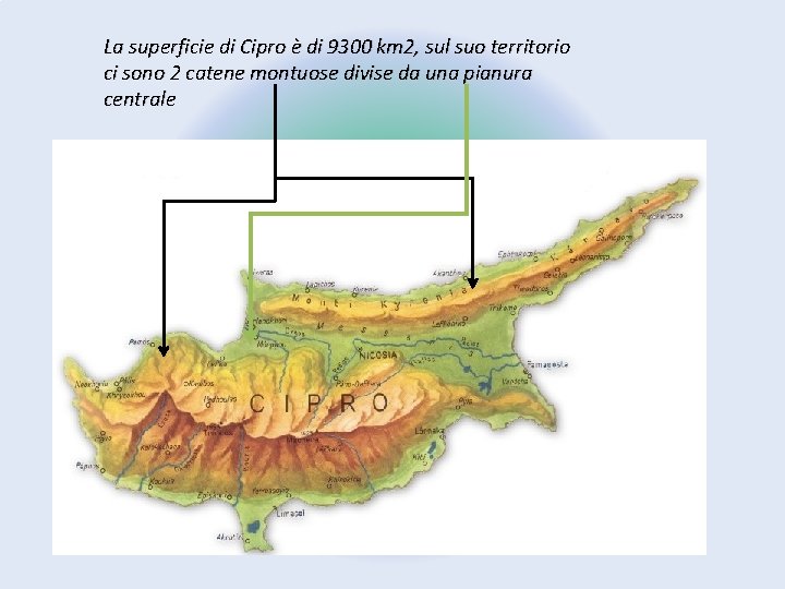 La superficie di Cipro è di 9300 km 2, sul suo territorio ci sono