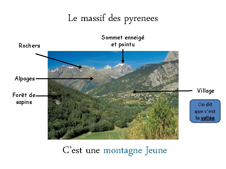 Le massif des pyrenees Rochers Sommet enneigé et pointu Alpages Village Forêt de sapins