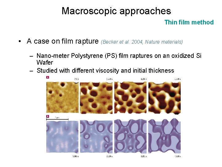 Macroscopic approaches Thin film method • A case on film rapture (Becker et al.