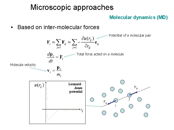 Microscopic approaches Molecular dynamics (MD) • Based on inter-molecular forces Potential of a molecular