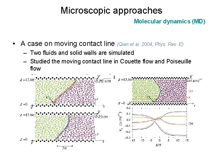 Microscopic approaches Molecular dynamics (MD) • A case on moving contact line (Qian et
