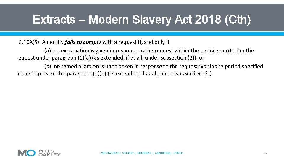 Extracts – Modern Slavery Act 2018 (Cth) S. 16 A(5) An entity fails to