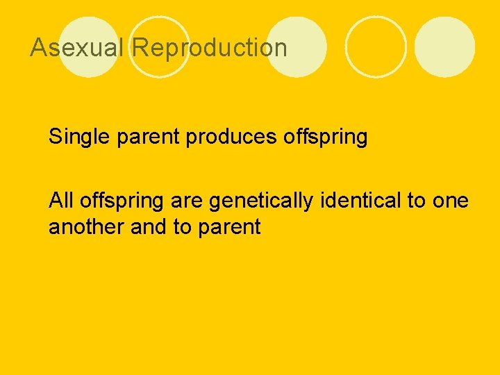 Asexual Reproduction l Single l All parent produces offspring are genetically identical to one