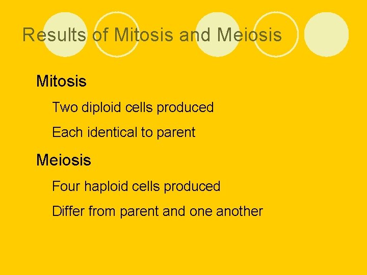 Results of Mitosis and Meiosis l Mitosis ¡ Two diploid cells produced ¡ Each