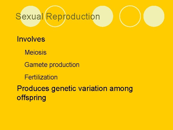 Sexual Reproduction l Involves ¡ Meiosis ¡ Gamete production ¡ Fertilization l Produces offspring