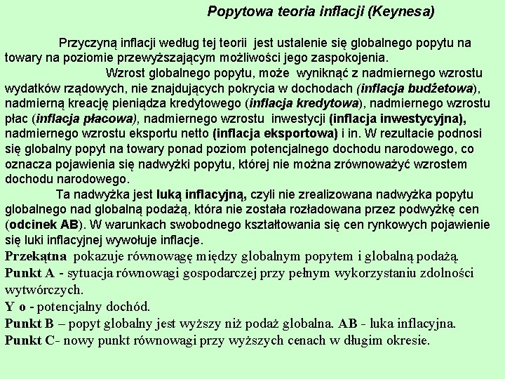 Popytowa teoria inflacji (Keynesa) Przyczyną inflacji według tej teorii jest ustalenie się globalnego popytu