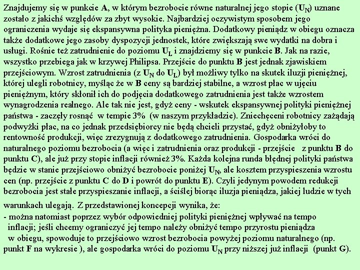 Znajdujemy się w punkcie A, w którym bezrobocie równe naturalnej jego stopie (UN) uznane