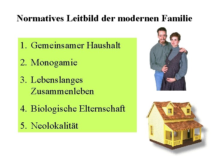 Normatives Leitbild der modernen Familie 1. Gemeinsamer Haushalt 2. Monogamie 3. Lebenslanges Zusammenleben 4.