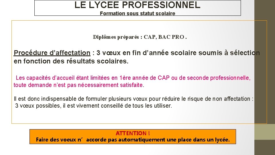 LE LYCEE PROFESSIONNEL Formation sous statut scolaire Diplômes préparés : CAP, BAC PRO. Procédure